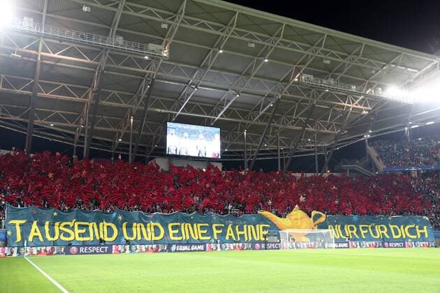 RB Leipzig Besiktas Istanbul Soccer Champions League Leipzig 06 12 2017 Red Bull Arena Soccer UEFA Champions League Group G 6 Gameday RB Leipzig vs Besiktas Istanbul Pictured Fans of RB Leipzig Choreography THOUSAND AND ONE BANGING ONLY FOR YOU
