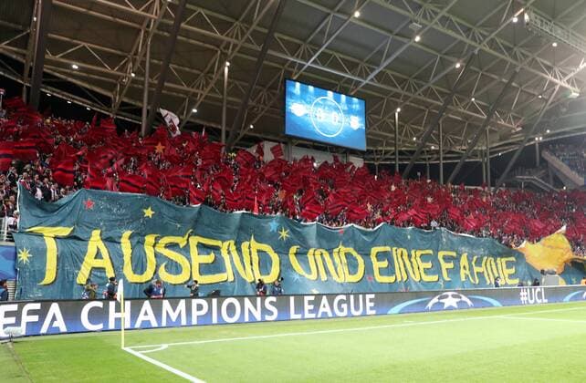 RB Leipzig Besiktas Istanbul Soccer Champions League Leipzig 06 12 2017 Red Bull Arena Soccer UEFA Champions League Group G 6 Gameday RB Leipzig vs Besiktas Istanbul Pictured Fans of RB Leipzig Choreography THOUSAND AND ONE BANGING ONLY FOR YOU
