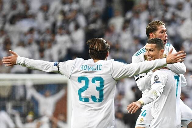 Real Madrid v Borussia Dortmund UEFA Champions League Cristiano Ronaldo of Real Madrid (centre) celebrates scoring their second goal to make it Real Madrid 2 Borussia Dortmund 0 during the UEFA Champions League match at the Estadio Santiago Bernabeu, Madrid Content Not Available For UK Newspapers Copyright: xKristianxKanex FIL-11059-0015