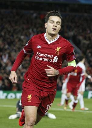Philippe Coutinho of Liverpool celebrates scoring the second goal during the Champions League Group E match at the Anfield Stadium, Liverpool. Picture date: December 6th 2017. Picture credit should read: Andrew Yates Sportimage EDITORIAL USE ONLY. No use with unauthorised audio, video, data, fixture lists, club league logos or live services. Online in-match use limited to 120 images, no video emulation. No use in betting, games or single club league player publications.