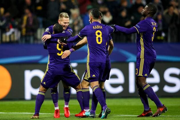 SOCCER - CL, Maribor vs Sevilla MARIBOR,SLOVENIA,05.DEC.17 - SOCCER - UEFA Champions League, group stage, NK Maribor vs FC Sevilla. Image shows the rejoicing of Martin Milec (Maribor) and Marcos Tavares (Maribor). GEPAxpictures xMaticxKlansek