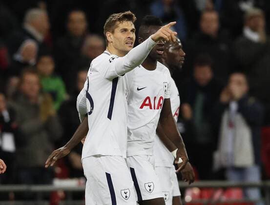 Fernado Llorente of Tottenham celebrates scoring during the Champions League Group H match at Wembley Stadium, London. Picture date: December 6th 2017. Picture credit should read: David Klein Sportimage EDITORIAL USE ONLY. No use with unauthorised audio, video, data, fixture lists, club league logos or live services. Online in-match use limited to 120 images, no video emulation. No use in betting, games or single club league player publications.