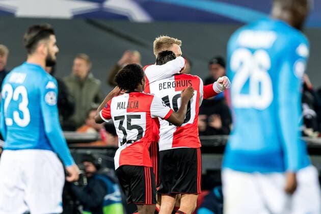(L-R) Tyrell Malacia of Feyenoord, Steven Berghuis of Feyenoord, Nicolai Jorgensen of Feyenoord during the UEFA Champions League group F match between Feyenoord Rotterdam and SSC Napoli at the Kuip on December 06, 2017 in Rotterdam, The Netherlands UEFA Champions League 2017 2018 xVIxVIxImagesx xGerritxvanxKeulenxIVx 9501693