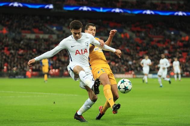 6th December 2017, Wembley Stadium, London England; UEFA Champions League football, Tottenham Hotspur versus Apoel Nicosia; Jes& xfa;s Rueda of Apoel FC challenges Dele Alli of Tottenham Hotspur  ActionPlus11959548