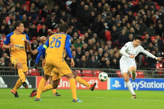6th December 2017, Wembley Stadium, London England; UEFA Champions League football, Tottenham Hotspur versus Apoel Nicosia; Son Heung-Min of Tottenham Hotspur shoots and scores making it 2-0  ActionPlus11959551