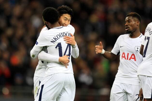 6th December 2017, Wembley Stadium, London England; UEFA Champions League football, Tottenham Hotspur versus Apoel Nicosia; Son Heung-Min of Tottenham Hotspur celebrates with Georges-Kevin Nkoudou after he scores making it 2-0  ActionPlus11959556