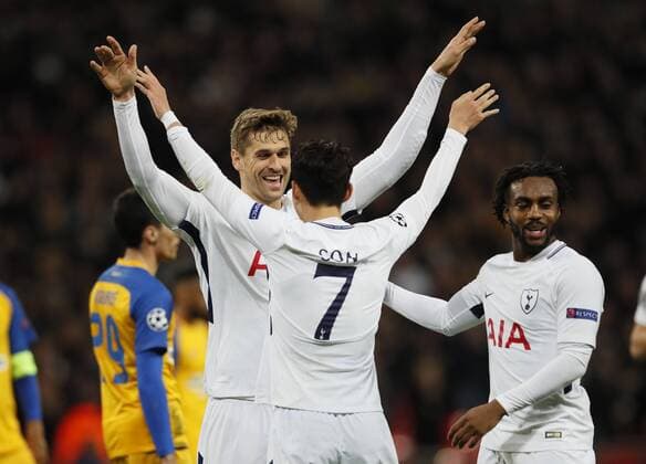 Son Heung-Min of Tottenham celebrates his goal with Fernado Llorente of Tottenham during the Champions League Group H match at Wembley Stadium, London. Picture date: December 6th 2017. Picture credit should read: David Klein Sportimage EDITORIAL USE ONLY. No use with unauthorised audio, video, data, fixture lists, club league logos or live services. Online in-match use limited to 120 images, no video emulation. No use in betting, games or single club league player publications.