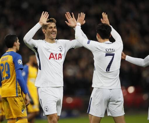 Son Heung-Min of Tottenham celebrates his goal with Fernado Llorente of Tottenham during the Champions League Group H match at Wembley Stadium, London. Picture date: December 6th 2017. Picture credit should read: David Klein Sportimage EDITORIAL USE ONLY. No use with unauthorised audio, video, data, fixture lists, club league logos or live services. Online in-match use limited to 120 images, no video emulation. No use in betting, games or single club league player publications.