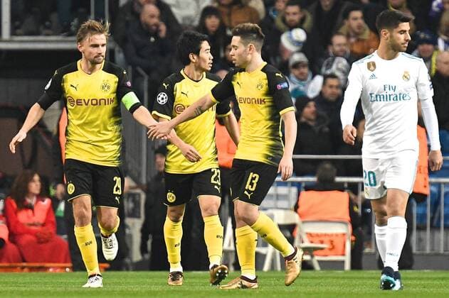 Real Madrid v Borussia Dortmund UEFA Champions League Marcel Schmelzer of Borussia Dortmund (left) celebrates scoring their first goal to make it Real Madrid 2 Borussia Dortmund 1 during the UEFA Champions League match at the Estadio Santiago Bernabeu, Madrid Content Not Available For UK Newspapers Copyright: xKristianxKanex FIL-11059-0016