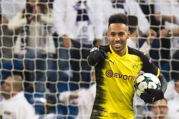 Fußball: Champions League, Saison 2017 2018, Gruppenphase, Gruppe H, Real Madrid - Borussia Dortmund am 06.12.2017 im Estadio Santiago Bernabeu in Madrid (Spanien). Torschuetze, Torschütze Pierre-Emerick Aubameyang jubelt nach dem Tor zum 2:1. Copyright: xKirchner DavidxInderliedx