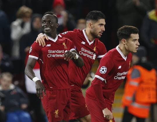 Sadio Mane of Liverpool celebrates scoring the fourth goal during the Champions League Group E match at the Anfield Stadium, Liverpool. Picture date: December 6th 2017. Picture credit should read: Andrew Yates Sportimage EDITORIAL USE ONLY. No use with unauthorised audio, video, data, fixture lists, club league logos or live services. Online in-match use limited to 120 images, no video emulation. No use in betting, games or single club league player publications.