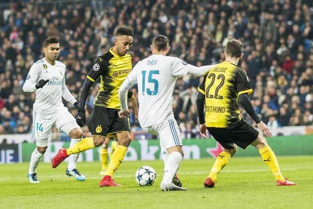 Fußball: Champions League, Saison 2017 2018, Gruppenphase, Gruppe H, Real Madrid - Borussia Dortmund am 06.12.2017 im Estadio Santiago Bernabeu in Madrid (Spanien). Dortmunds Pierre-Emerick Aubameyang trifft zum 2:2. Copyright: xKirchner DavidxInderliedx