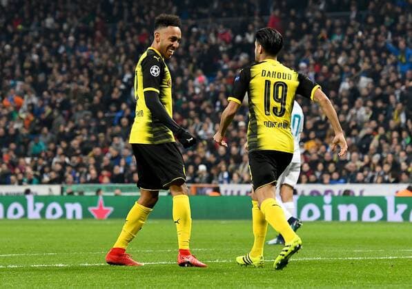 06 12 2017 xfux Football Champions League Real Madrid Borussia Dortmund emspor v l Pierre Emerick Aubameyang Borussia Dortmund Mahmoud Dahoud Borussia Dortmund Torjubel Goal celebration celebrate the goal to 2 2 Madrid