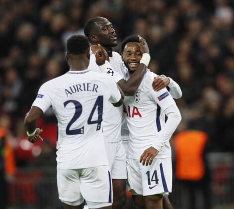 Georges-Kevin Nkoudou of Tottenham celebrates scoring during the Champions League Group H match at Wembley Stadium, London. Picture date: December 6th 2017. Picture credit should read: David Klein Sportimage EDITORIAL USE ONLY. No use with unauthorised audio, video, data, fixture lists, club league logos or live services. Online in-match use limited to 120 images, no video emulation. No use in betting, games or single club league player publications.