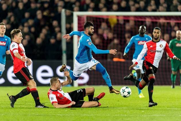 (L-R) Jens Toornstra of Feyenoord, Sven van Beek of Feyenoord, Elseid Hysaj of SSC Napoli, Jeremiah St. Juste of Feyenoord during the UEFA Champions League group F match between Feyenoord Rotterdam and SSC Napoli at the Kuip on December 06, 2017 in Rotterdam, The Netherlands UEFA Champions League 2017 2018 xVIxVIxImagesx xGerritxvanxKeulenxIVx 9503036
