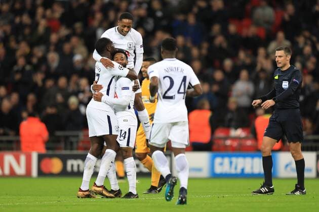 6th December 2017, Wembley Stadium, London England; UEFA Champions League football, Tottenham Hotspur versus Apoel Nicosia; Georges-Kevin Nkoudou of Tottenham Hotspur celebrates with team mates after scoring making it 3-0  ActionPlus11959601