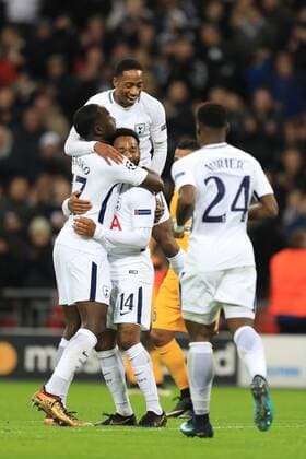 6th December 2017, Wembley Stadium, London England; UEFA Champions League football, Tottenham Hotspur versus Apoel Nicosia; Georges-Kevin Nkoudou of Tottenham Hotspur celebrates with team mates after scoring making it 3-0  ActionPlus11959602