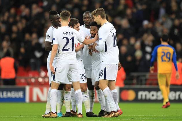 6th December 2017, Wembley Stadium, London England; UEFA Champions League football, Tottenham Hotspur versus Apoel Nicosia; Georges-Kevin Nkoudou of Tottenham Hotspur celebrates with team mates after scoring making it 3-0  ActionPlus11959604