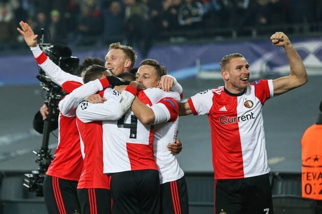 (l-r) Nicolai Jorgensen of Feyenoord, Jeremiah St. Juste of Feyenoord, Jens Toornstra of Feyenoord, Sven van Beek of Feyenoord during the UEFA Champions League group F match between Feyenoord Rotterdam and SSC Napoli at the Kuip on December 06, 2017 in Rotterdam, The Netherlands UEFA Champions League 2017 2018 xVIxVIxImagesx xTomxBodexMultimediaxIVx 9503122