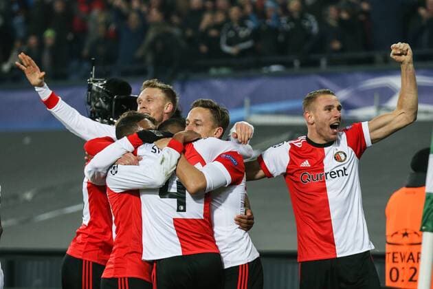 (l-r) Nicolai Jorgensen of Feyenoord, Jeremiah St. Juste of Feyenoord, Jens Toornstra of Feyenoord, Sven van Beek of Feyenoord during the UEFA Champions League group F match between Feyenoord Rotterdam and SSC Napoli at the Kuip on December 06, 2017 in Rotterdam, The Netherlands UEFA Champions League 2017 2018 xVIxVIxImagesx xTomxBodexMultimediaxIVx 9503223