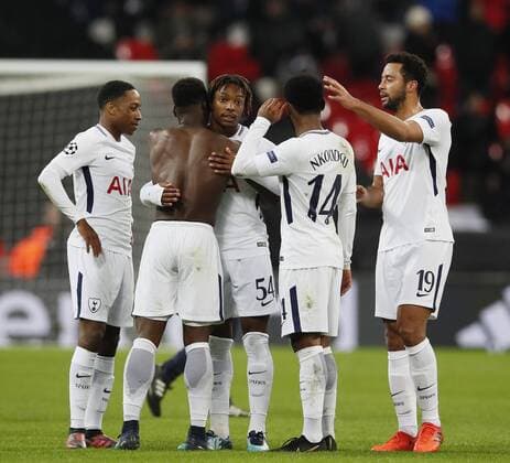 Kazaiah Sterling and Georges-Kevin Nkoudou of Tottenham smile at the end of the game during the Champions League Group H match at Wembley Stadium, London. Picture date: December 6th 2017. Picture credit should read: David Klein Sportimage EDITORIAL USE ONLY. No use with unauthorised audio, video, data, fixture lists, club league logos or live services. Online in-match use limited to 120 images, no video emulation. No use in betting, games or single club league player publications.
