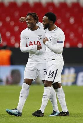 Kazaiah Sterling and Georges-Kevin Nkoudou of Tottenham smile at the end of the game during the Champions League Group H match at Wembley Stadium, London. Picture date: December 6th 2017. Picture credit should read: David Klein Sportimage EDITORIAL USE ONLY. No use with unauthorised audio, video, data, fixture lists, club league logos or live services. Online in-match use limited to 120 images, no video emulation. No use in betting, games or single club league player publications.