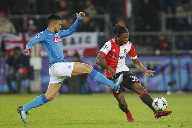 Adam Ounas of SSC Napoli, Tyrell Malacia of Feyenoord during the UEFA Champions League group F match between Feyenoord Rotterdam and SSC Napoli at the Kuip on December 06, 2017 in Rotterdam, The Netherlands UEFA Champions League 2017 2018 xVIxVIxImagesx xTomxBodexMultimediaxIVx 9503843
