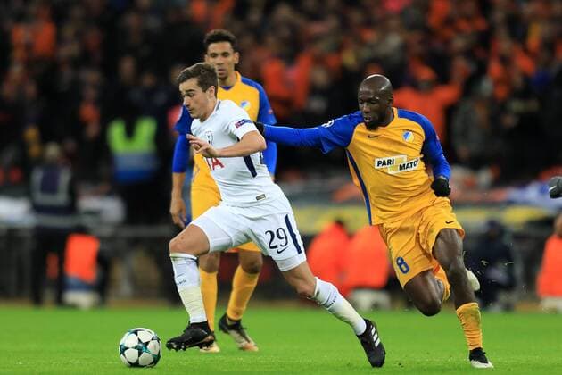 6th December 2017, Wembley Stadium, London England; UEFA Champions League football, Tottenham Hotspur versus Apoel Nicosia; Mickael Pote of Apoel FC pulls the shirt of Harry Winks of Tottenham Hotspur  ActionPlus11959658