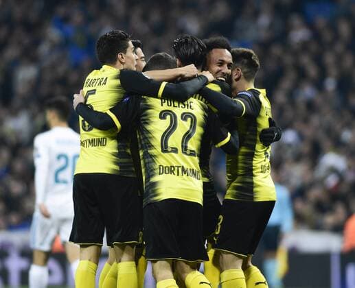 Real Madrid s and Borussia Dortmund s players celebrate goal during Champions League Group H match 6. December 6,2017.  (8547)