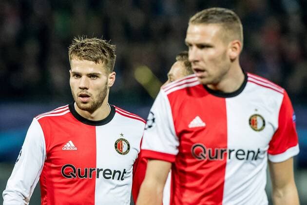 ROTTERDAM - Feyenoord - Napoli , Voetbal , Seizoen 2017 2018 , Champions League , Stadion Feijenoord de Kuip , 06-12-2017 , eindstand 2-1 , Feyenoord speler Bart Nieuwkoop (l) en Feyenoord speler Sven van Beek (r) Feyenoord - Napoli  x1848927x