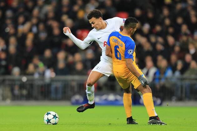 6th December 2017, Wembley Stadium, London England; UEFA Champions League football, Tottenham Hotspur versus Apoel Nicosia; Dele Alli of Tottenham Hotspur side steps the challenge from Lorenzo Ebecilio of Apoel FC  ActionPlus11959668