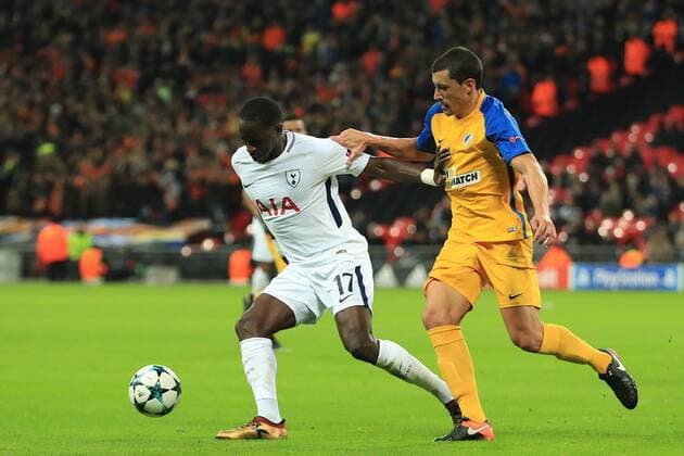 6th December 2017, Wembley Stadium, London England; UEFA Champions League football, Tottenham Hotspur versus Apoel Nicosia; Moussa Sissoko of Tottenham Hotspur under pressure from Jes& xfa;s Rueda of Apoel FC  ActionPlus11959675
