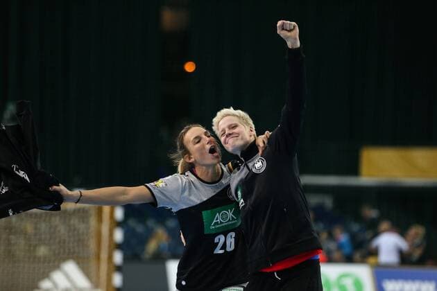 Best player of the match Goalkeeper Clara Woltering Germany with Angie Geschke Germany Women Handball World Cup Group D Germany vs China in the Arena Leipzig Action Germany Handball Women Women 06 12 2017