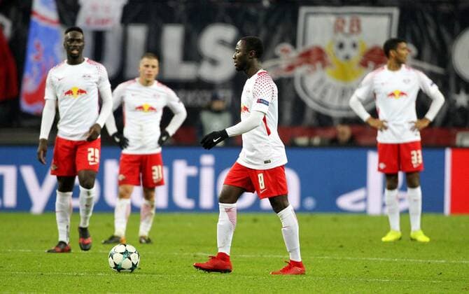 GER UEFA Champions League preliminary round RasenBallsport Leipzig vs Besiktas Istanbul 06 12 17 Leipzig Red Bull Arena GER season 2017 2018 UEFA Champions League group G RasenBallsport Leipzig vs Besiktas Istanbul in the picture Jean Kevin Augustin Diego Demme Naby Deco Keita and Marvin Compper Leipzig disappointed