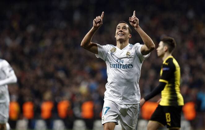December 6, 2017 - Madrid, Spain - Lucas Vazquez of Real Madrid celebrates after scoring a goal to make it 3-2 during the UEFA Champions League group H match between Real Madrid and Borussia Dortmund at Santiago Bernabeu. Soccer 2017: Real Madrid 3:2 Dortmund - ZUMAs197 20171206_zaa_s197_078 Copyright: xManu_reinox