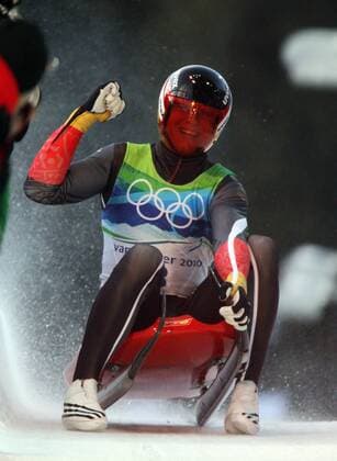 Single seater sledge men s Luge Mens Singles Felix Loch cheers at the finish recorded at the Winter Olympics in Vancouver on 14 02 2010 Vancouver British Columbia Canada