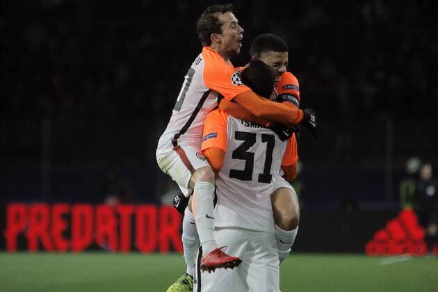 Midfielder Bernard, defender Ismaily and midfielder Taison (L to R) of FC Shakhtar Donetsk celebrate upon scoring 2-1 against Manchester City FC during the UEFA Champions League Group F match at the Metalist Stadium in Kharkiv, northeastern Ukraine, December 6, 2017. Ukrinform. KHARKIV. FC Shakhtar Donetsk has beaten Manchester City FC 2-1 in the UEFA Champions League Group F match at Kharkiv s Metalist Stadium. Pitmen?s midfielder Bernard and defender Ismaily put their team in the lead in the first half (26?, 32? respectively). The visitors managed to score in added time when Manchester City?s forward Sergio Aguero took a successful penalty kick. Thus, FC Shakhtar Donetsk secured the second place in Group F and put an end to a winning streak of Manchester City FC this season. To celebrate his team?s victory, coach Paulo Fonseca appeared at the post-match news conference dressed as Zorro. The Shakhtar manager fulfilled his promise he had made if the Ukrainian champions reached the knockout stage of the Champions League. Shakhtar defeats Manchester City in Kharkiv  Copyright: xVyacheslavxMadiyevskyyx