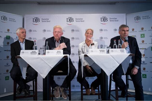HAMBURG Germany DECEMBER 07 L R Klaus Eberhard Boris Becker Barbara Rittner and DTB President Ulrich Klaus attends the German Tennis Federation DTB press conference on December 2017 in Hamburg Germany