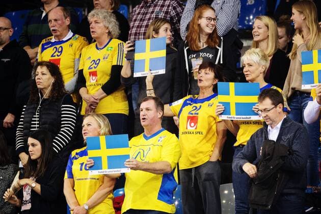 171207 Swedens supporters on the stand for the match between Sweden and Argentina during the World Cup on 7 December 2017 in Bietigheim Bissingen  Copyright: CARLxSANDIN BB171207CS003