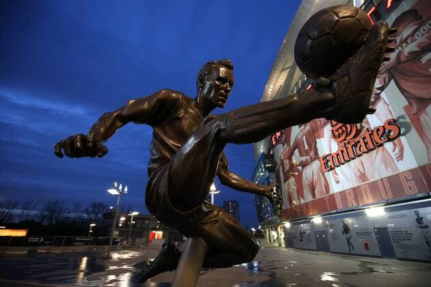 7th December 2017, Emirates Stadium, London, England; UEFA Europa League football, Arsenal versus BATE Borisov; Statue of Arsenal legend Dennis Bergkamp outside the Emirates Stadium as the sun is setting  ActionPlus11959708