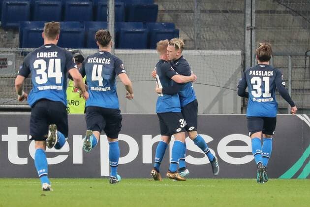 Simon Lorenz Hoffenheim 34 Ermin Bicakcic Hoffenheim 4 goalscorer Philipp Ochs Hoffenheim 30 Robin Hack Hoffenheim 37 Felix Passlack Hoffenheim 31 celebrate goalkeeper 0 0 goalscoring goalscoring celebrate the goal goal celebration action cheer optimistic Action Action Football UEFA Europa League TSG 1899 Hoffenheim PFK Ludogorez Razgrad 1945 xozx