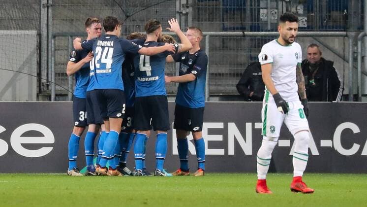 TSG 1899 Hoffenheim celebrate goalkeeper 0 0 goalscoring goalscoring celebrate goal goal celebration cheering optimist action action action football UEFA Europa League TSG 1899 Hoffenheim PFK Ludogorez Razgrad 1945 xozx