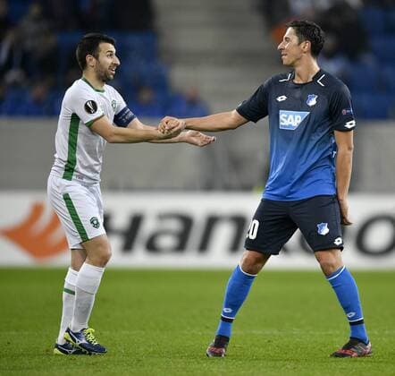 Fairplay Robert Zulj TSG 1899 Hoffenheim right and Svetoslav Dyakov PFC Ludogorets Razgrad go hand in hand for Foul TSG 1899 Hoffenheim vs PFC Ludogorets Razgrad Europa League 07 12 2017 TSG 1899 Hoffenheim vs PFC Ludogorets Razgrad