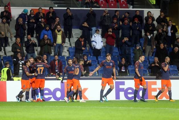 Edin Visca of Medipol Basaksehir celebrates his goal with his teammates during Medipol Basaksehir vs. Braga UEFA Europe League at Istanbul Fatih Terim Stadium, 7th of Dec, 2017.  Copyright: TolgaxAdanali 15871854