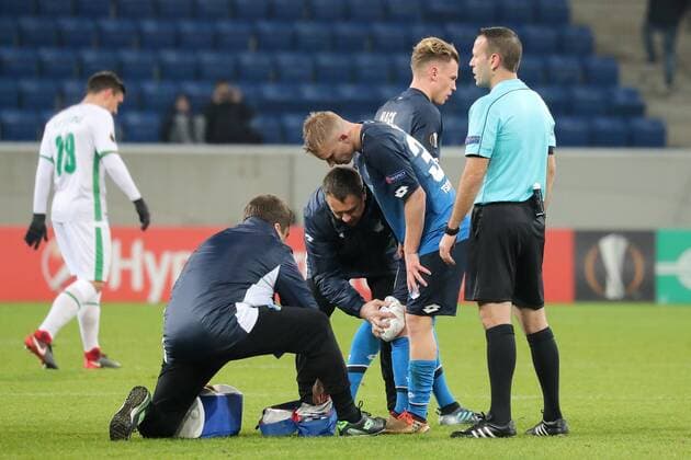 Goalkeeper Philipp Ochs Hoffenheim 30 has injured his knee and must be treated injured injury injured sporting injury Soccer UEFA Europa League TSG 1899 Hoffenheim PFK Ludogorez Razgrad 1945 xozx