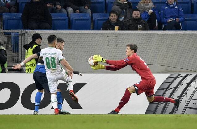 Goalkeeper Gregor Kobel TSG 1899 Hoffenheim Action in front of Wanderson PFC Ludogorets Razgrad TSG 1899 Hoffenheim vs PFC Ludogorets Razgrad Europa League 07 12 2017 TSG 1899 Hoffenheim vs PFC Ludogorets Razgrad