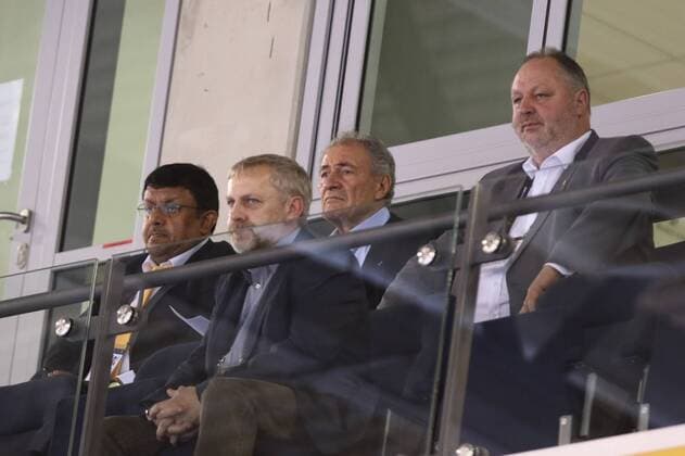 IHF President Hassan Moustafa 2 from right at World Cup match in Trier right DHB President Andreas Michelmann left IHF General Council Manager Bader Al Theyab Romania vs Angola Handball Women World Cup 07 12 2017 Trier Copyright: xWeissx Eibner-Pressefotox EP_rws