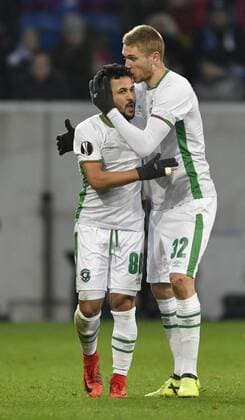 Goal to 1 1 by Wanderson PFC Ludogorets Razgrad Goalkeeping gesture with Igor Plastun PFC Ludogorets Razgrad right TSG 1899 Hoffenheim vs PFC Ludogorets Razgrad Europa League 07 12 2017 TSG 1899 Hoffenheim vs PFC Ludogorets Razgrad