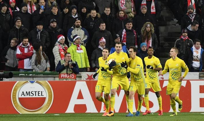 FC Astana players celebrate goal during the 6th round, group A, European League soccer match SK Slavia Praha vs FC Astana in Prague, Czech Republic, December 7, 2017. (CTKxPhoto MichalxKamaryt) CTKPhotoP201712071063301  _KMT9318