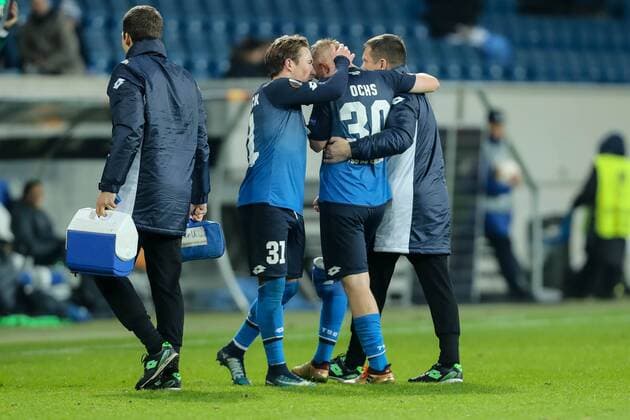 Sinsheim Germany 07 12 2017 UEFA Europa League 2017 18 Season Group Stage Group C 6 Matchday TSG 1899 Hoffenheim PFC Ludogorets 1945 Philipp Ochs TSG injured from space Felix Passlack TSG gestures DeFodi507